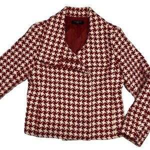 Talbots Herringbone Motorcycle Jacket Coat Red & White Size 8 Petite Wool Blend